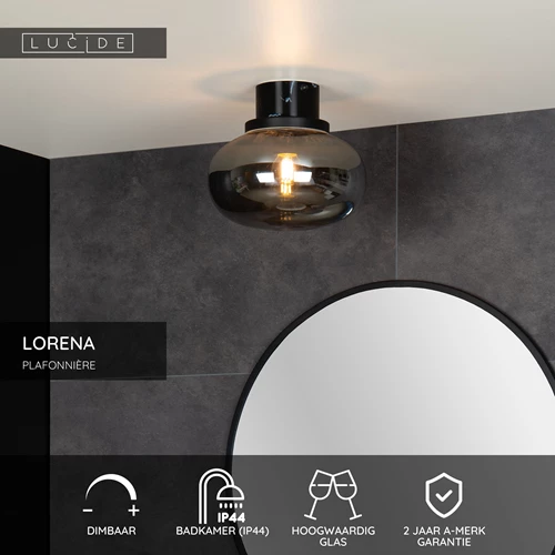 Lucide LORENA - Plafonnière Badkamer - Ø 23 cm - 1xE27 - IP44 - Fumé - USP